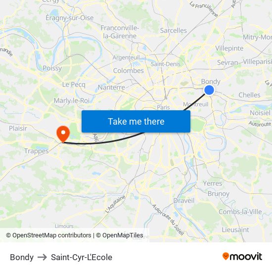 Bondy to Saint-Cyr-L'Ecole map
