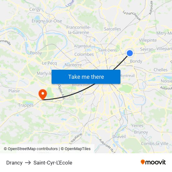 Drancy to Saint-Cyr-L'Ecole map