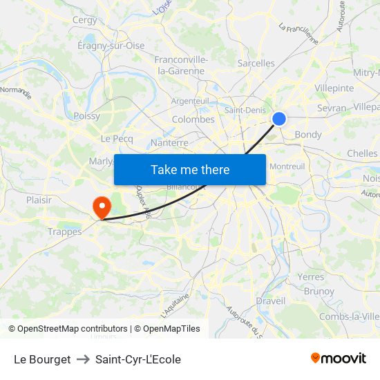 Le Bourget to Saint-Cyr-L'Ecole map