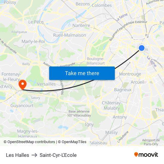 Les Halles to Saint-Cyr-L'Ecole map