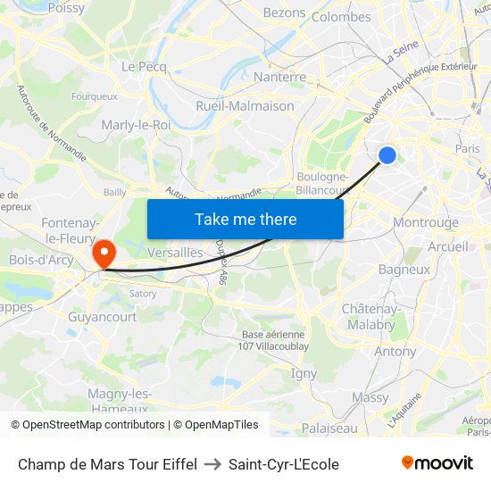 Champ de Mars Tour Eiffel to Saint-Cyr-L'Ecole map