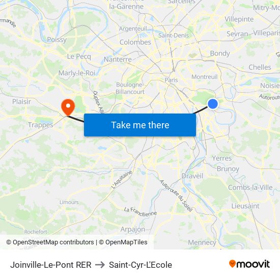 Joinville-Le-Pont RER to Saint-Cyr-L'Ecole map