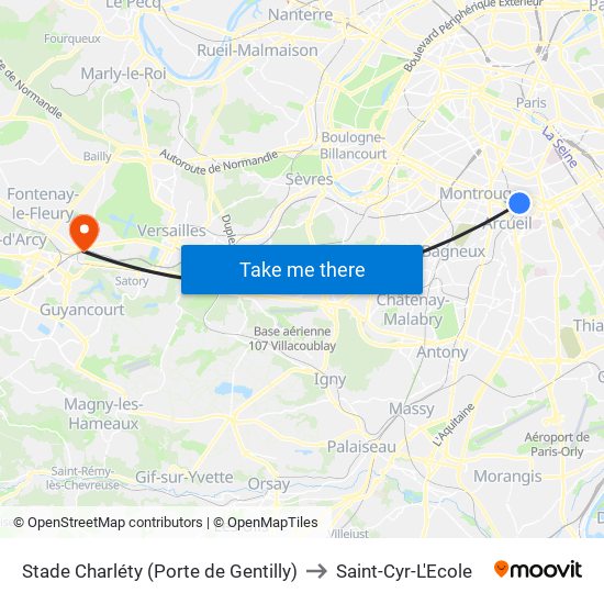 Stade Charléty (Porte de Gentilly) to Saint-Cyr-L'Ecole map