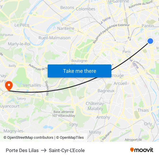 Porte Des Lilas to Saint-Cyr-L'Ecole map