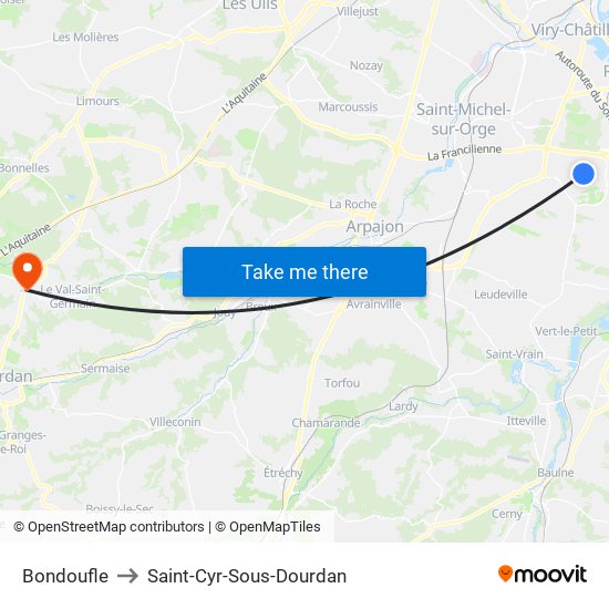 Bondoufle to Saint-Cyr-Sous-Dourdan map