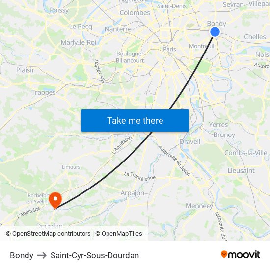 Bondy to Saint-Cyr-Sous-Dourdan map