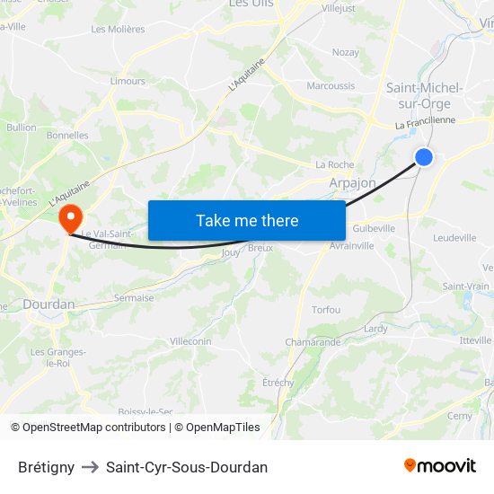 Brétigny to Saint-Cyr-Sous-Dourdan map