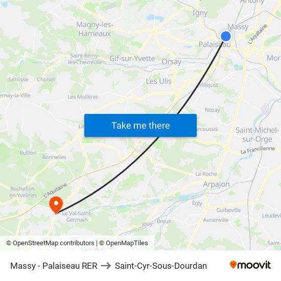 Massy - Palaiseau RER to Saint-Cyr-Sous-Dourdan map