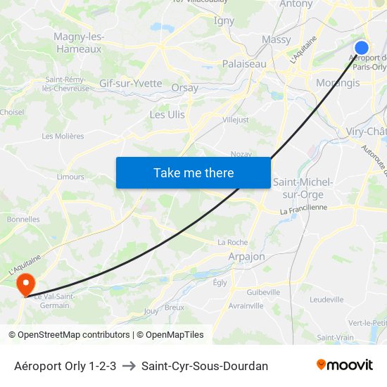 Aéroport Orly 1-2-3 to Saint-Cyr-Sous-Dourdan map