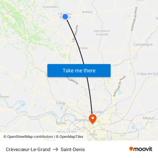 Crèvecœur-Le-Grand to Saint-Denis map