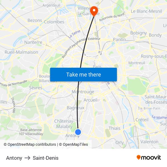 Antony to Saint-Denis map