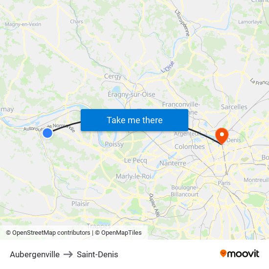 Aubergenville to Saint-Denis map