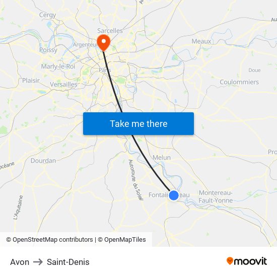 Avon to Saint-Denis map