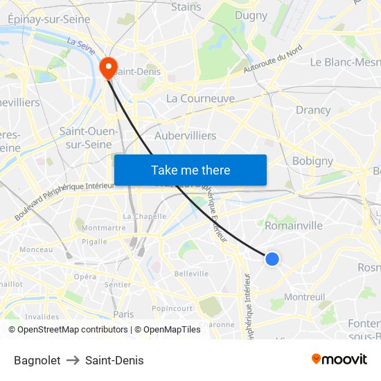 Bagnolet to Saint-Denis map