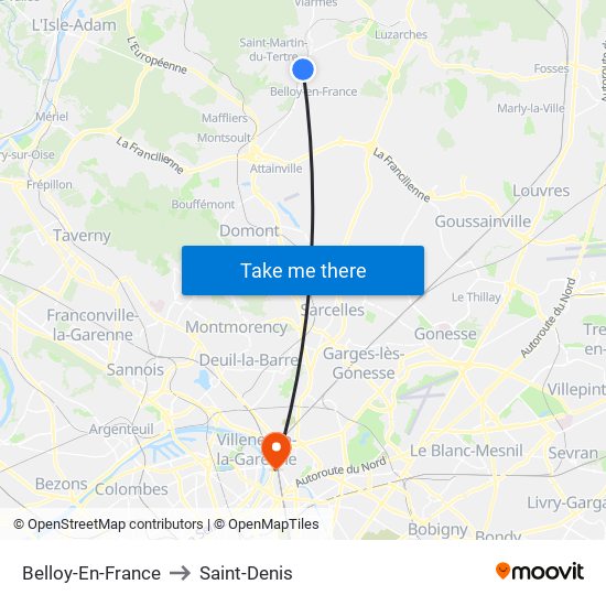 Belloy-En-France to Saint-Denis map
