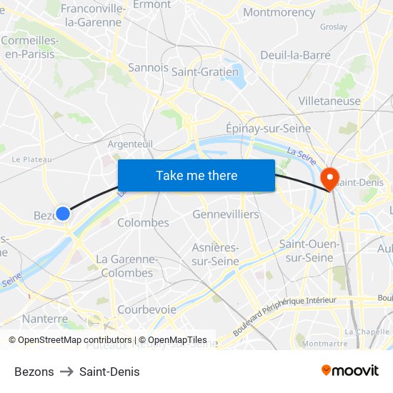 Bezons to Saint-Denis map