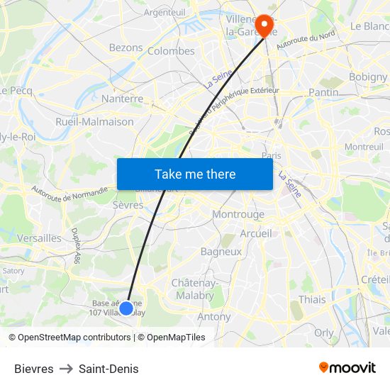 Bievres to Saint-Denis map
