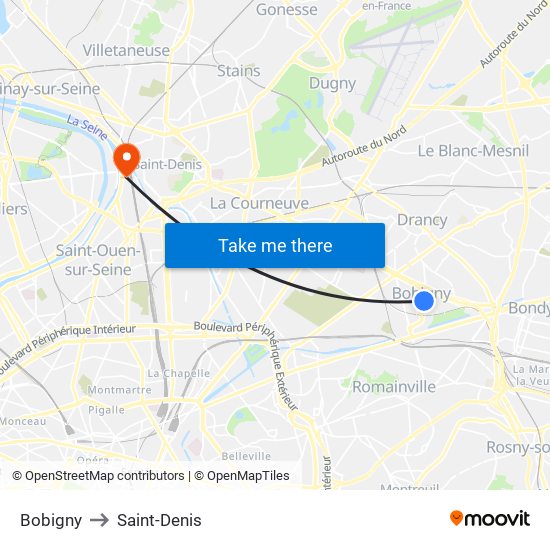 Bobigny to Saint-Denis map