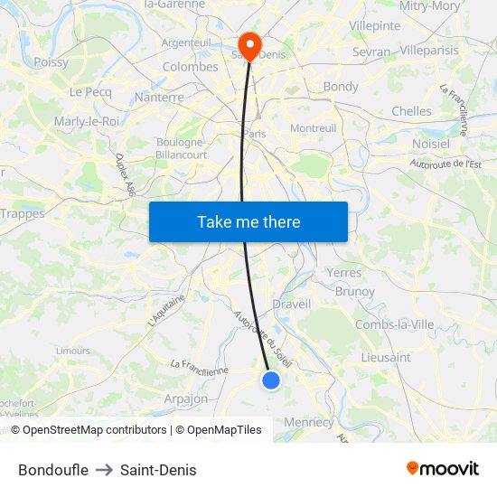 Bondoufle to Saint-Denis map
