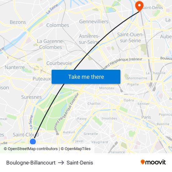 Boulogne-Billancourt to Saint-Denis map