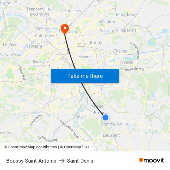 Boussy-Saint-Antoine to Saint-Denis map