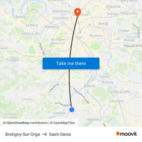 Bretigny-Sur-Orge to Saint-Denis map