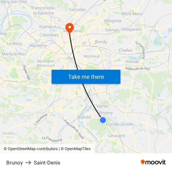Brunoy to Saint-Denis map