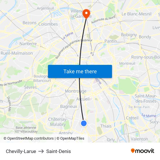 Chevilly-Larue to Saint-Denis map
