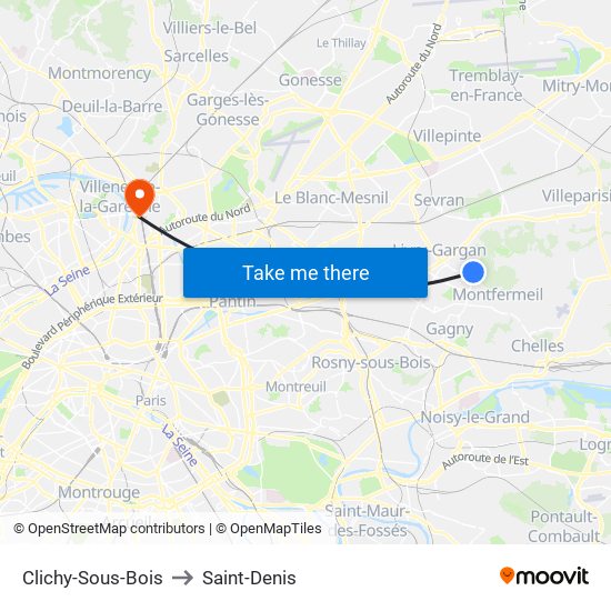 Clichy-Sous-Bois to Saint-Denis map