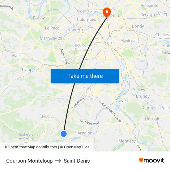 Courson-Monteloup to Saint-Denis map