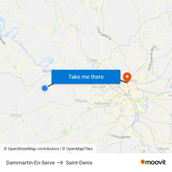 Dammartin-En-Serve to Saint-Denis map