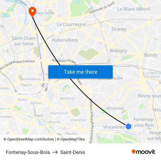 Fontenay-Sous-Bois to Saint-Denis map