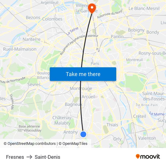 Fresnes to Saint-Denis map
