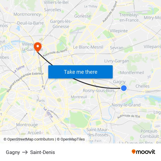 Gagny to Saint-Denis map