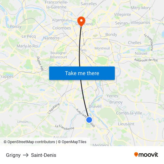 Grigny to Saint-Denis map