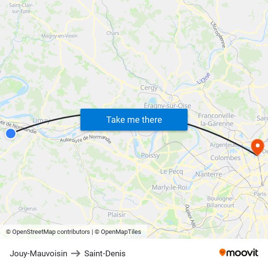 Jouy-Mauvoisin to Saint-Denis map