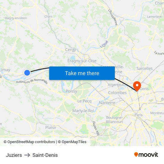 Juziers to Saint-Denis map