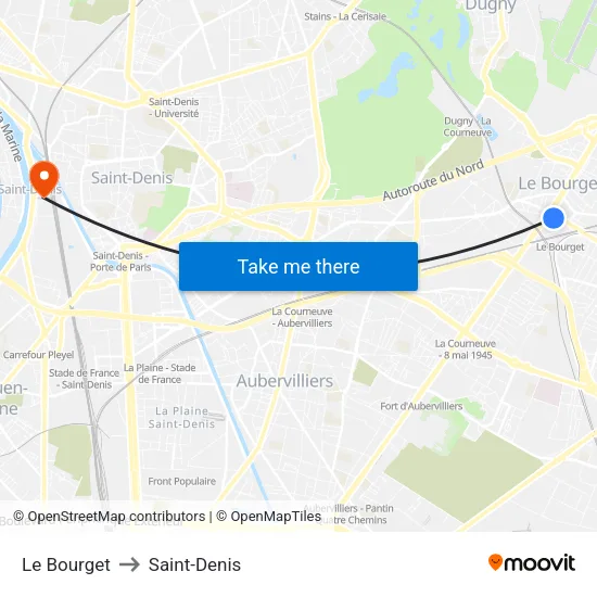Le Bourget to Saint-Denis map