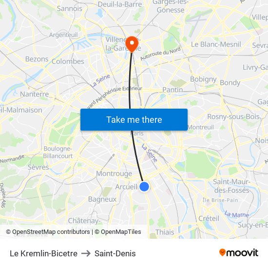 Le Kremlin-Bicetre to Saint-Denis map