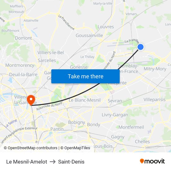 Le Mesnil-Amelot to Saint-Denis map