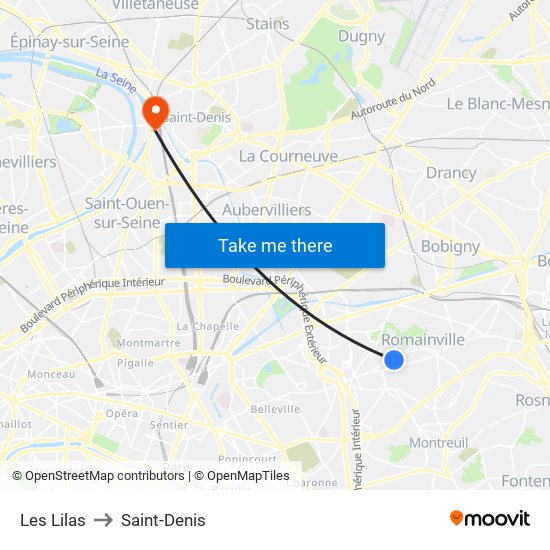 Les Lilas to Saint-Denis map