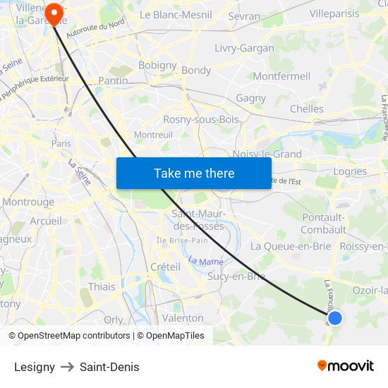 Lesigny to Saint-Denis map
