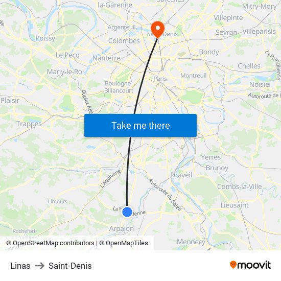 Linas to Saint-Denis map