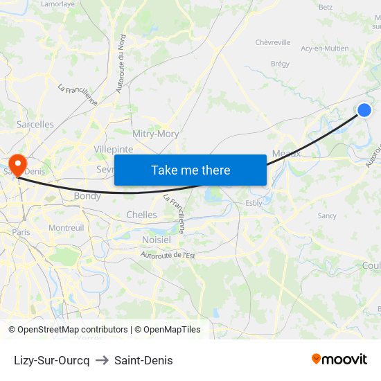 Lizy-Sur-Ourcq to Saint-Denis map
