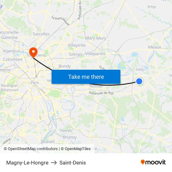Magny-Le-Hongre to Saint-Denis map