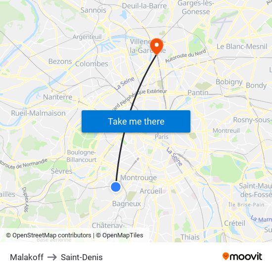 Malakoff to Saint-Denis map