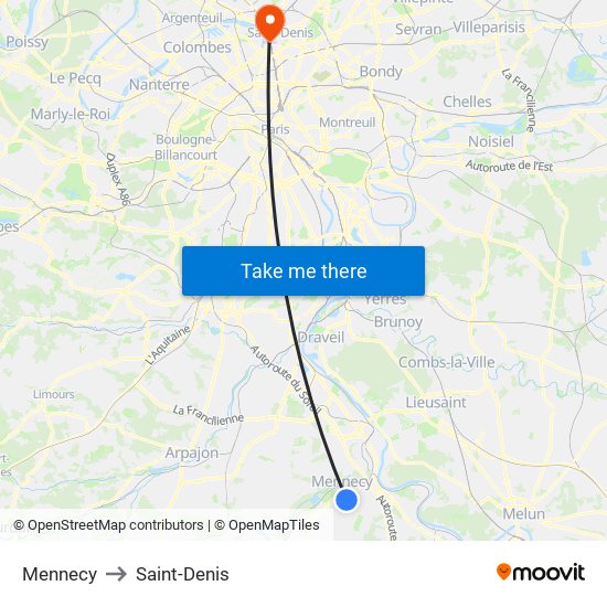 Mennecy to Saint-Denis map