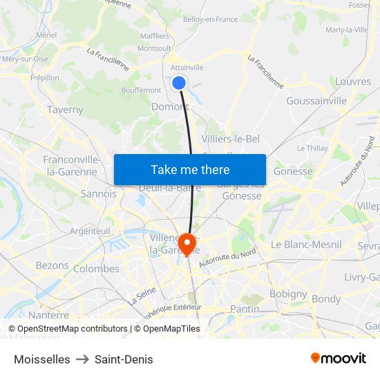 Moisselles to Saint-Denis map