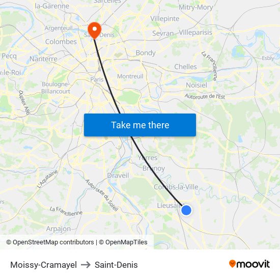 Moissy-Cramayel to Saint-Denis map