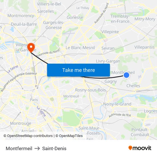 Montfermeil to Saint-Denis map